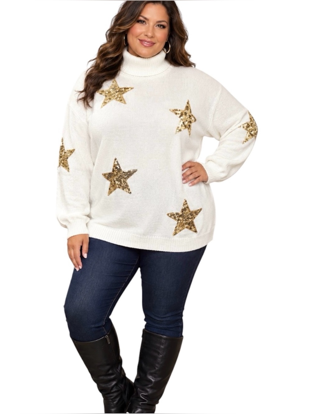 NWT New York & Company Cream Turtleneck Sweater with Gold Sequin Stars